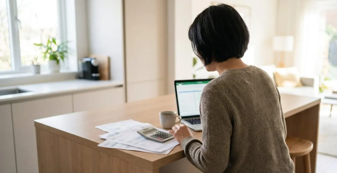 Personne de dos consultant des documents de financement automobile avec calculatrice sur une table