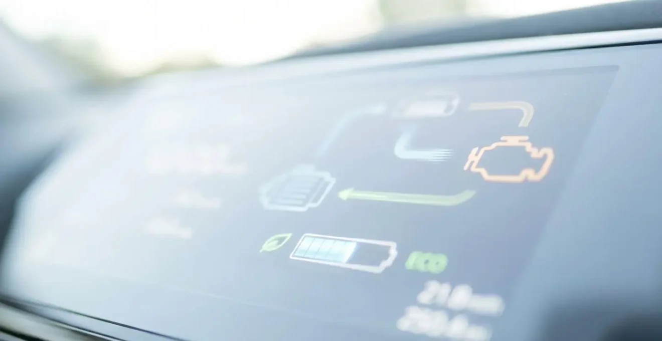 Écran de tableau de bord d'une voiture hybride affichant le flux d'énergie entre moteur électrique et thermique
